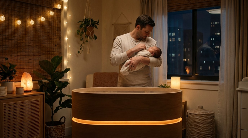 A father burping a newborn baby at night to prevent gas before sleep