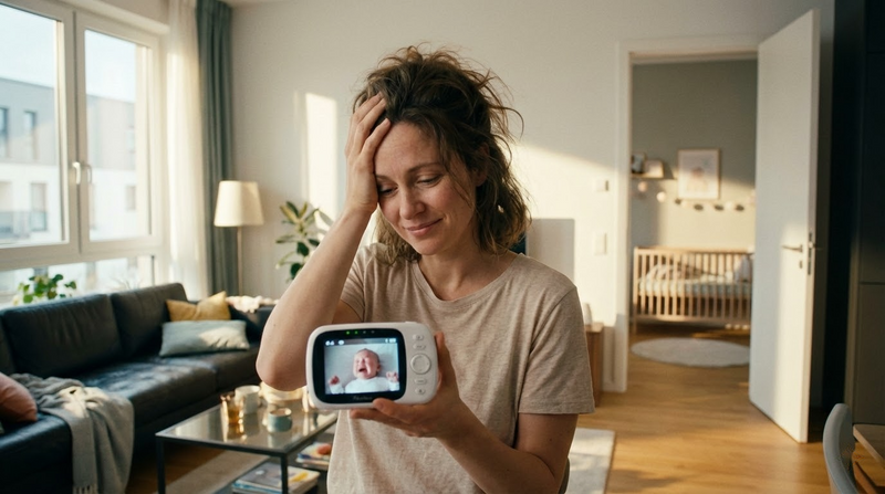 A mother checking her baby monitor during a short 30-minute nap