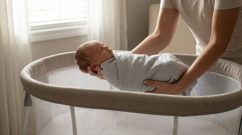 Parent gently lowering swaddled baby into a mesh bassinet using the arc transfer method to prevent startle reflex.
