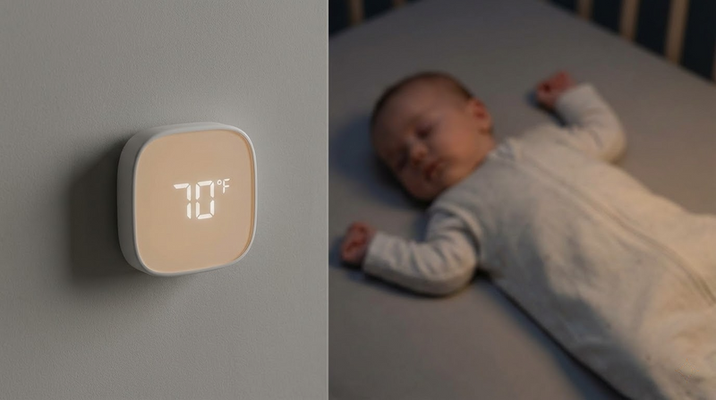 A modern nursery wall thermometer showing 70°F, with a sleeping baby in the background