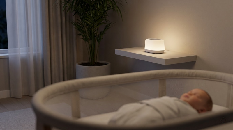 A calm, modern nursery at night with a glowing sound machine on a shelf and a baby sleeping in a bassinet in the foreground