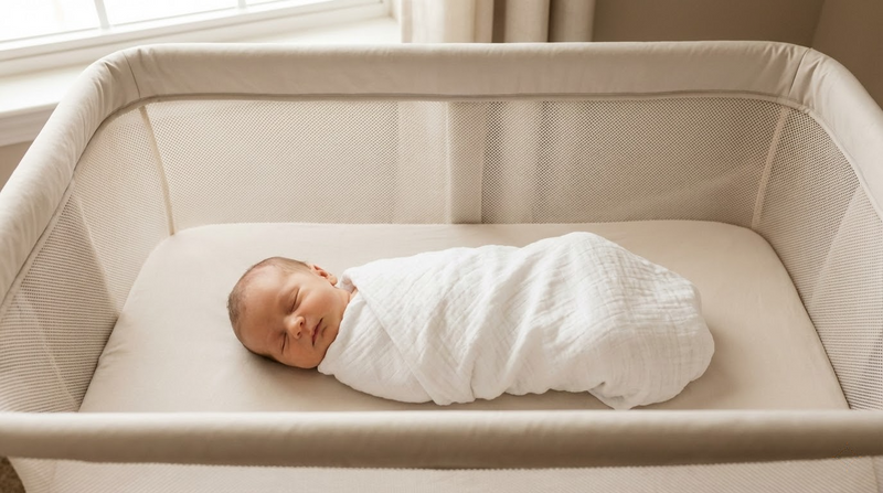A newborn baby sleeping peacefully on their back in a safe, minimalist mesh bassinet.