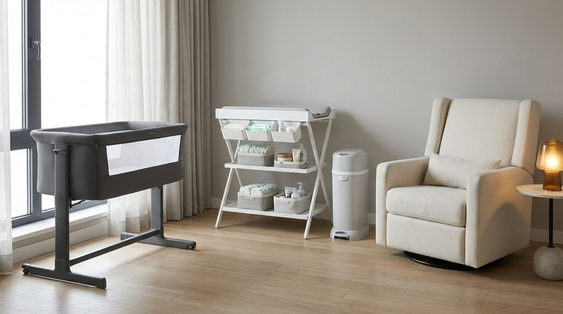 A wide-angle view of a modern, minimalist nursery setup showing a bedside bassinet, a foldable changing table with organized storage, and a comfortable nursing chair, illustrating functional zonation.
