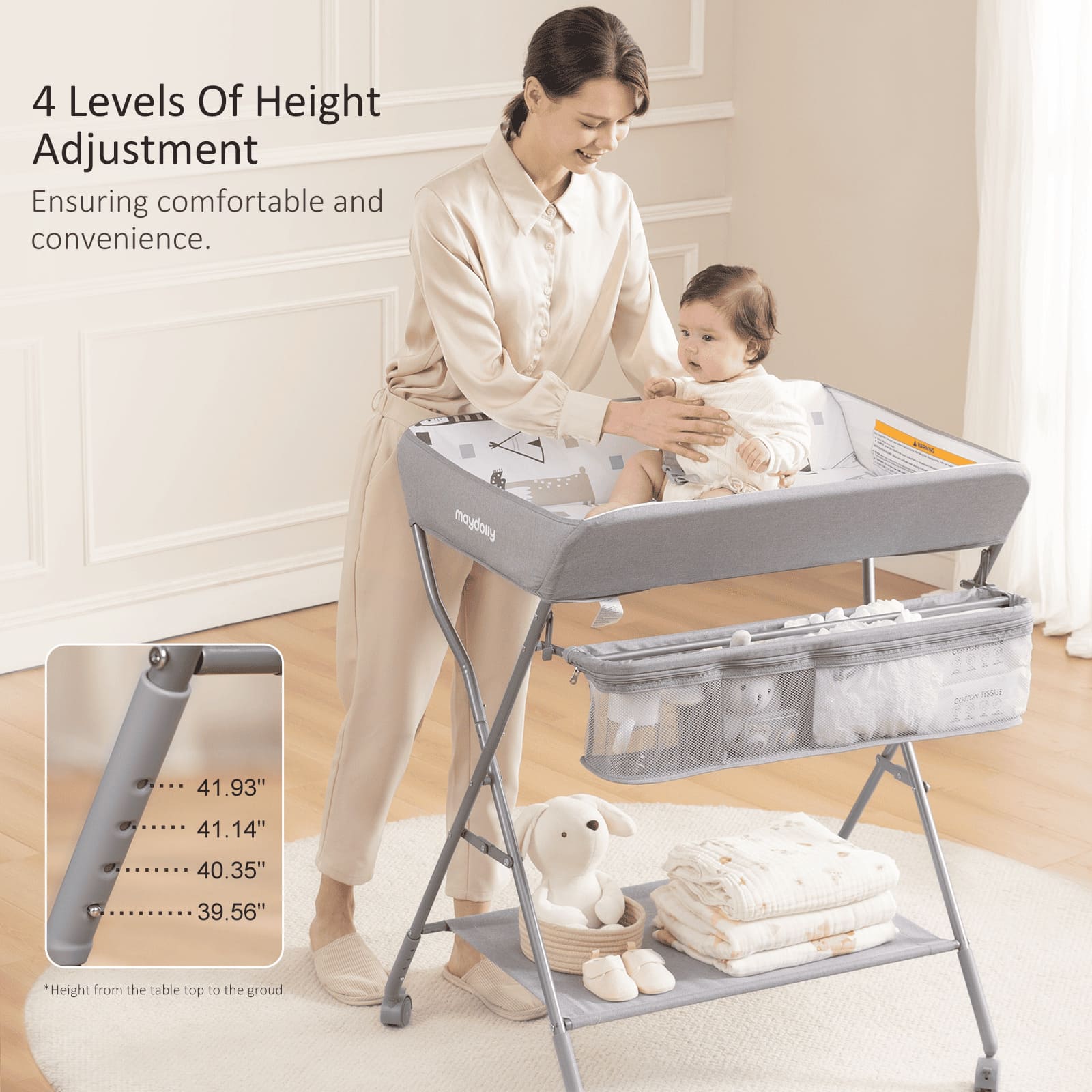Four adjustable height levels on the Maydolly 208 baby changing table