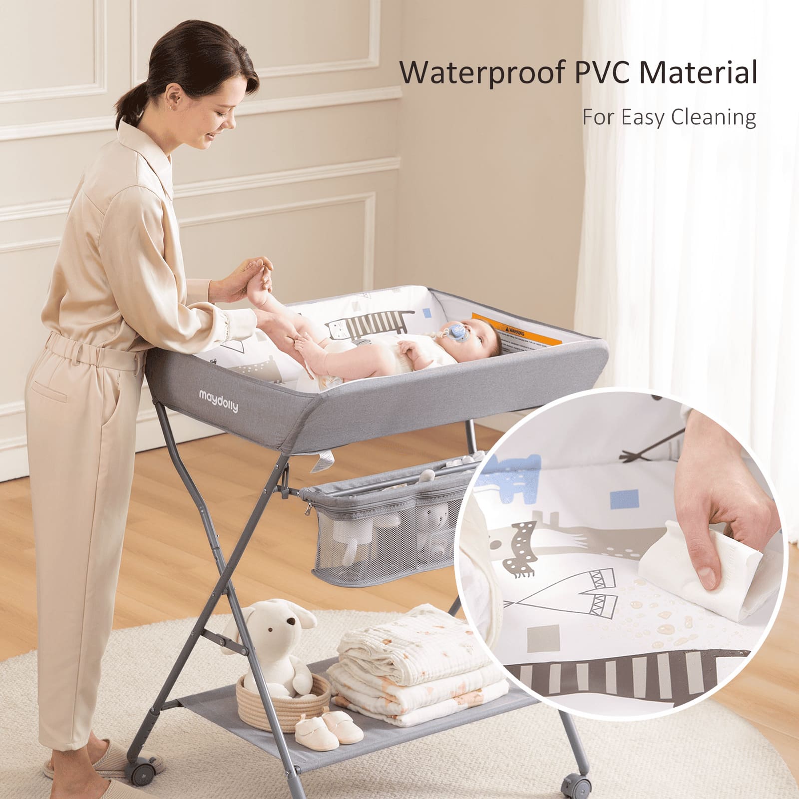 Waterproof PVC changing surface on the Maydolly 208 baby changing table