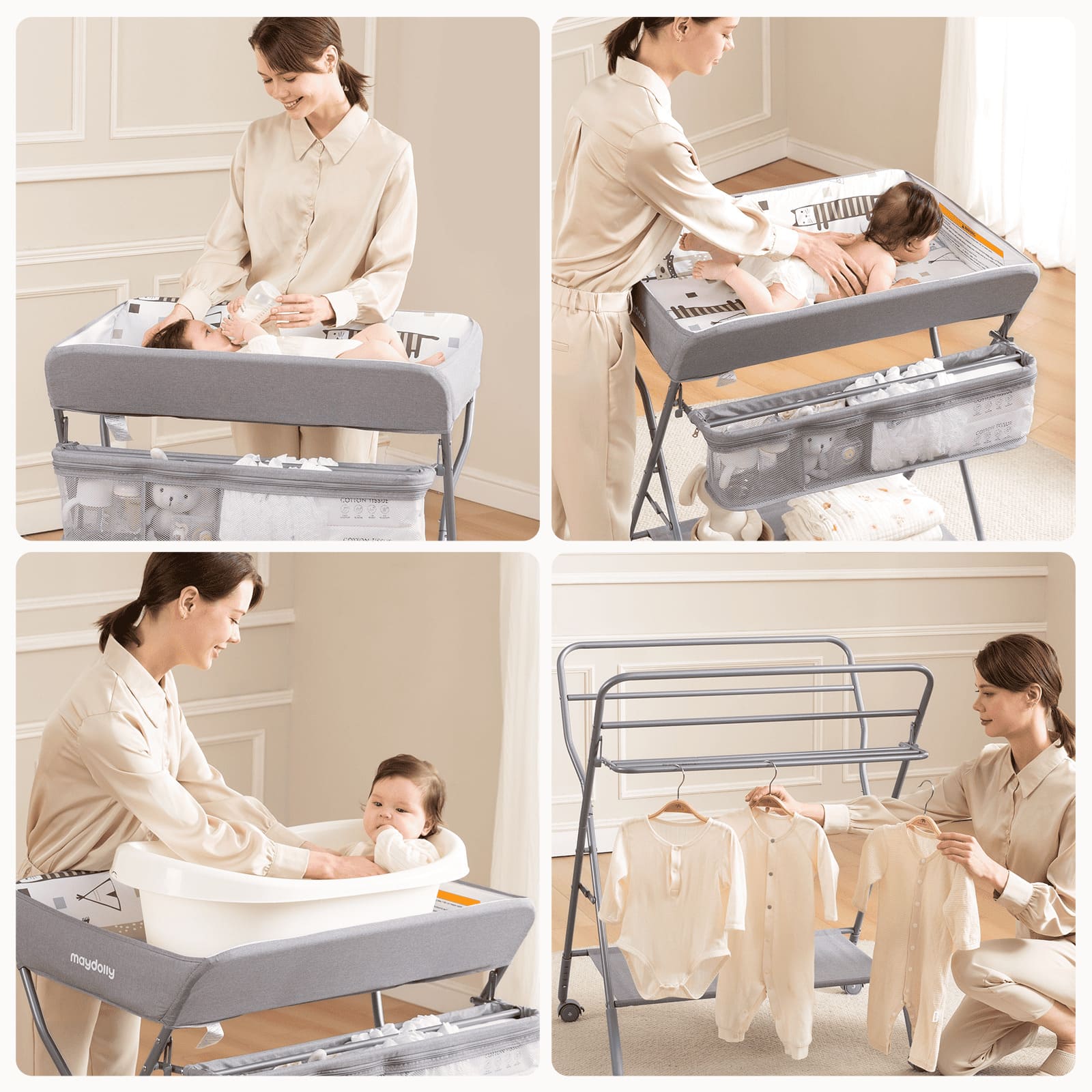 Maydolly 208 used for diaper changes, baby care, bathing and clothes drying