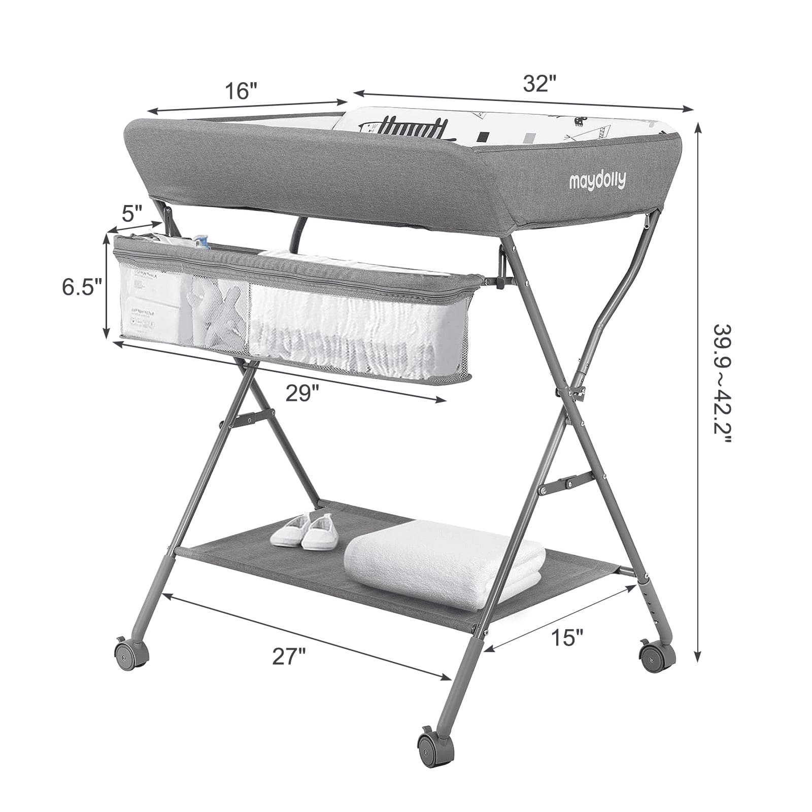 Dimensions of the Maydolly 208 foldable baby changing table and storage organizer