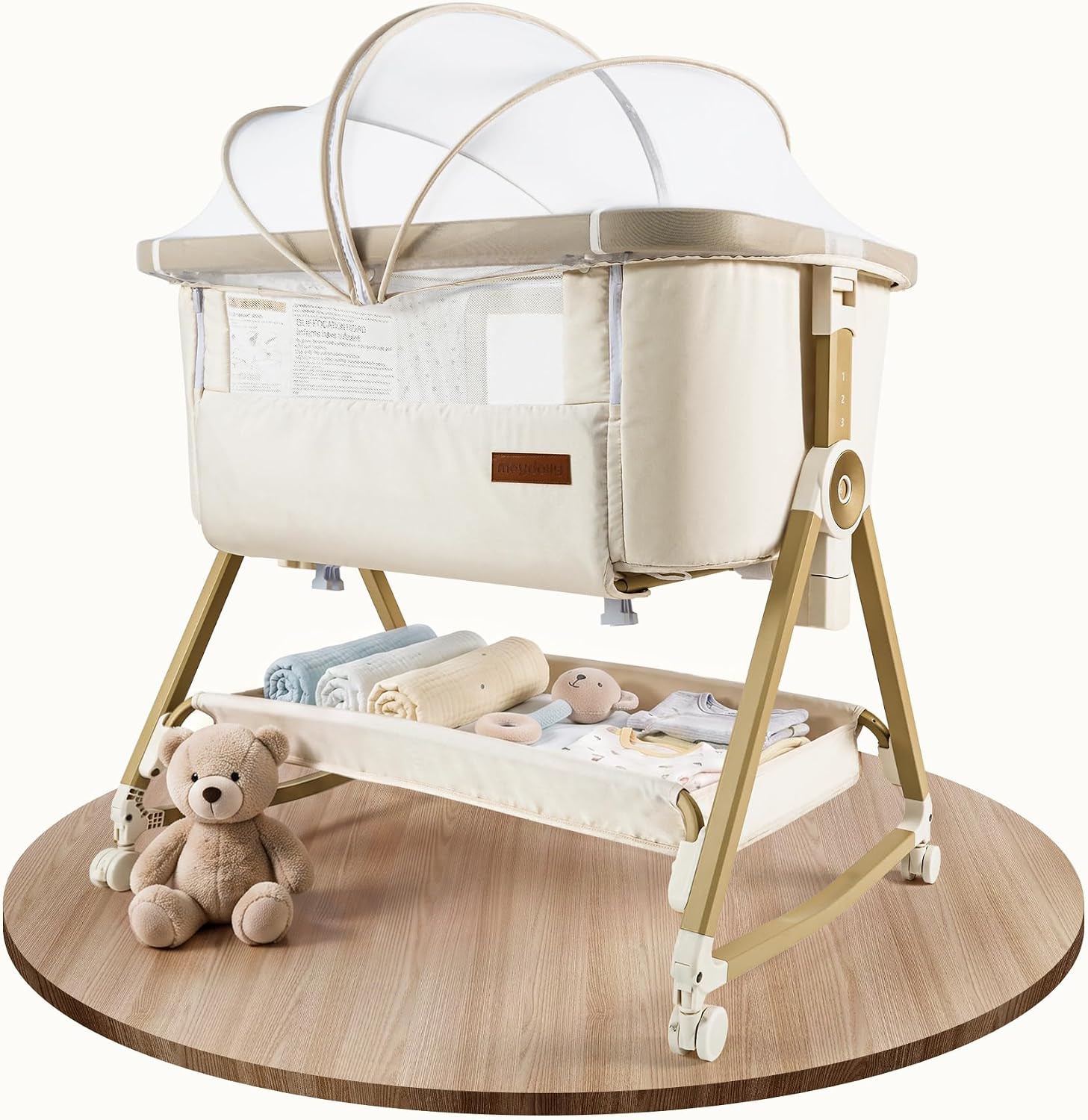 Maydolly C03 Plus beige bassinet with canopy and lower storage shelf
