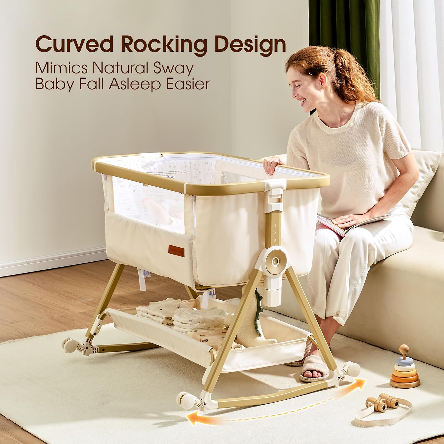 Maydolly C03 Plus beige bassinet demonstrating the curved rocking base