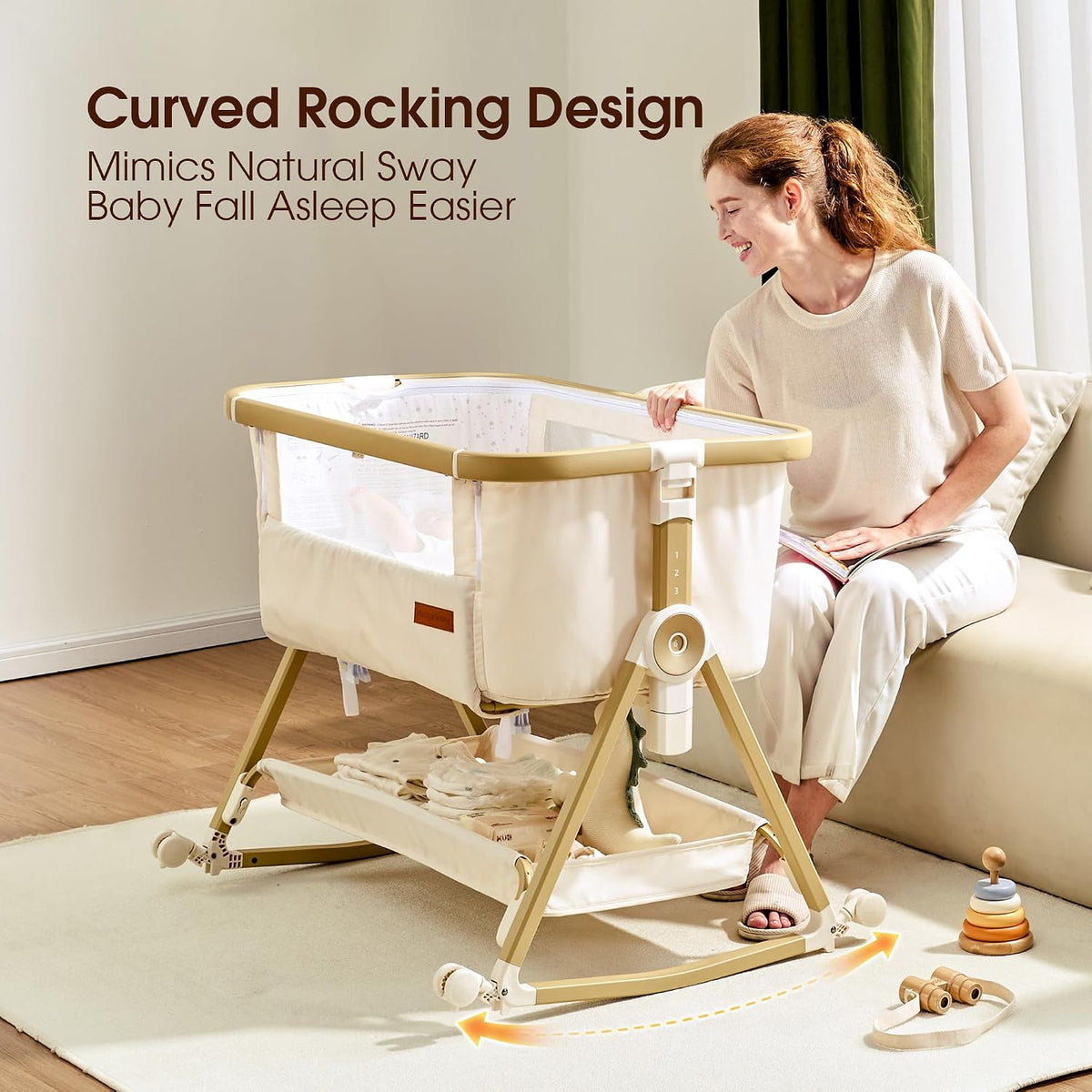 Maydolly C03 Plus beige bassinet demonstrating the curved rocking base