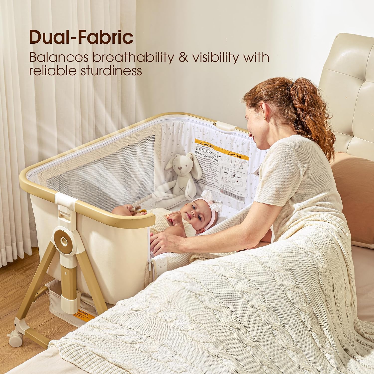 Parent reaching a baby through the breathable mesh side of the beige C03 Plus