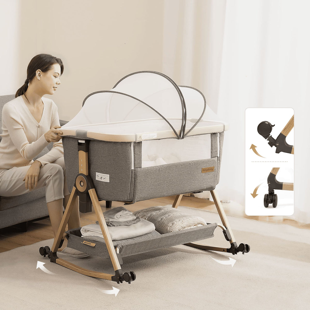 Maydolly C03 Plus with mosquito net, storage shelf, wheels and rocking base