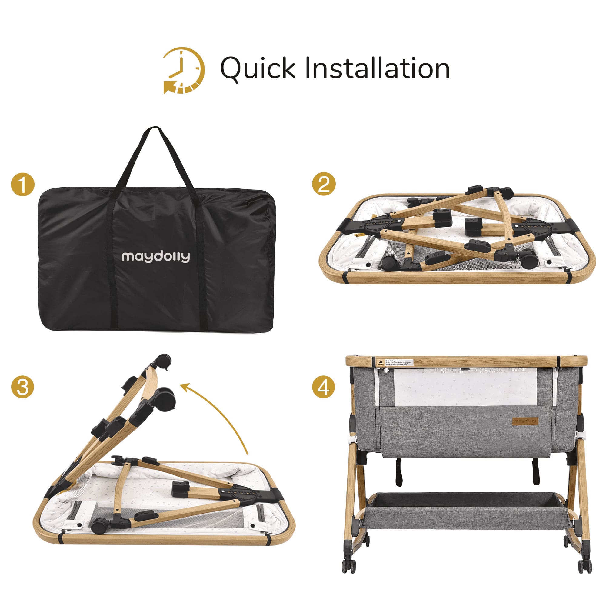 Four-step setup diagram for the foldable Maydolly C03 Plus and travel bag