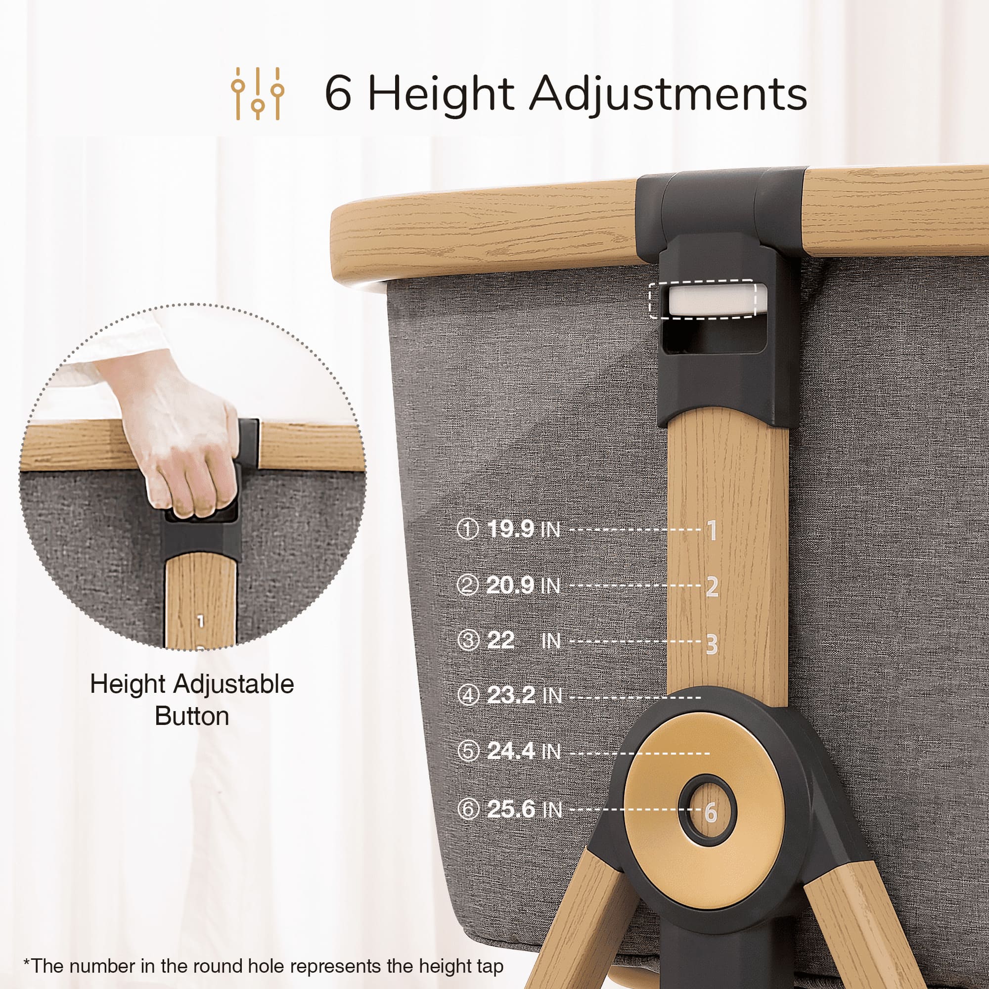 Six height settings and adjustment button on the Maydolly C03 Plus bassinet