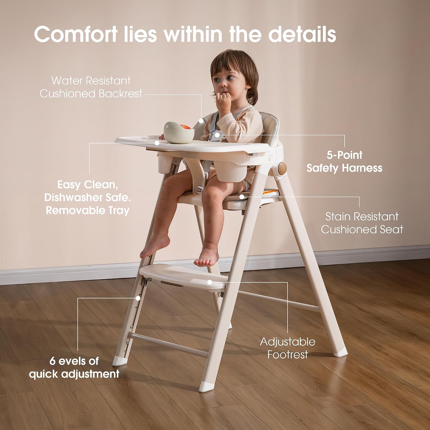 Maydolly H1 4-in-1 Foldable Baby High Chair, Light Khaki