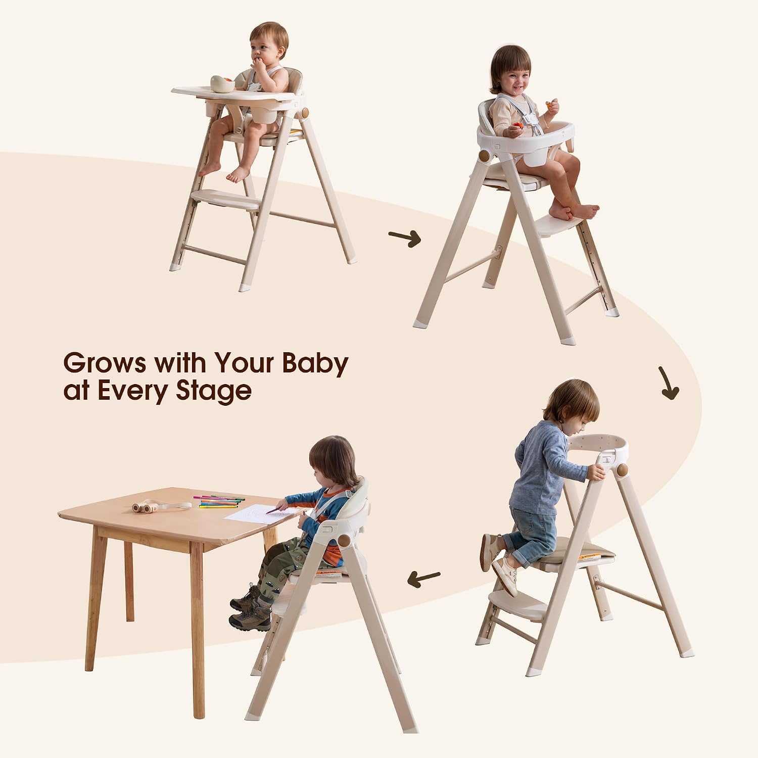 Maydolly H1 4-in-1 Foldable Baby High Chair, Light Khaki