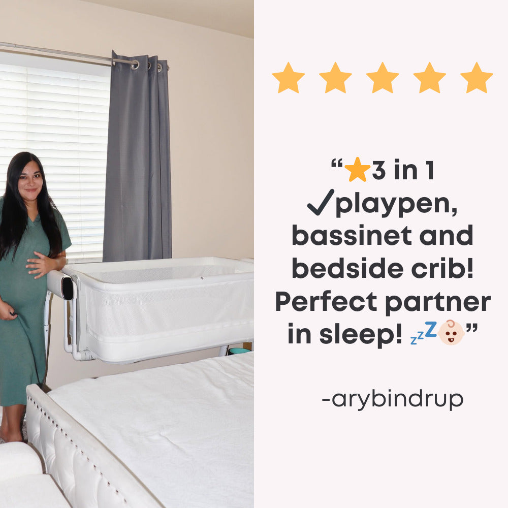 Customer review highlighting the Maydolly 506 as a playpen, bassinet and bedside crib